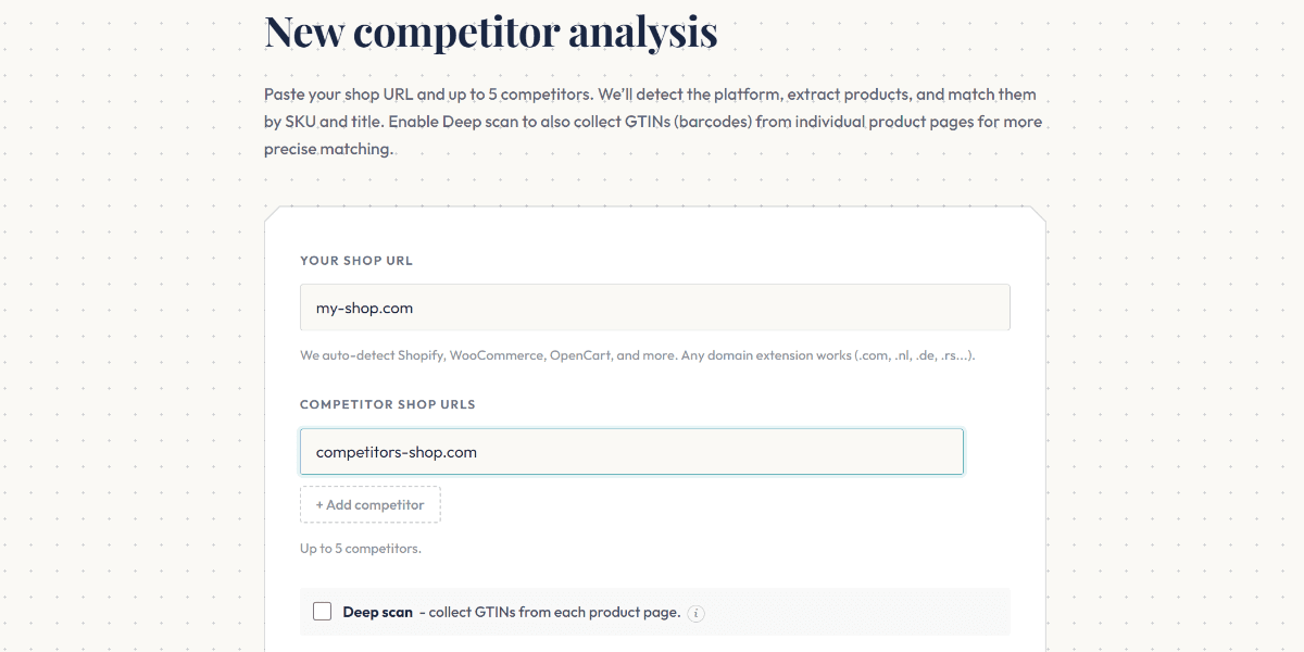New analysis form — paste your shop URL and competitor URLs
